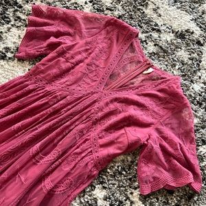 PinkBlush Magenta Lace Mesh Overlay Maternity Maxi Dress